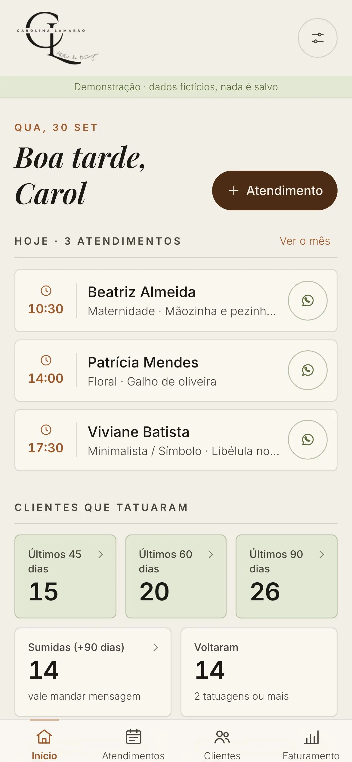 Tela inicial do sistema de gestão do Ateliê