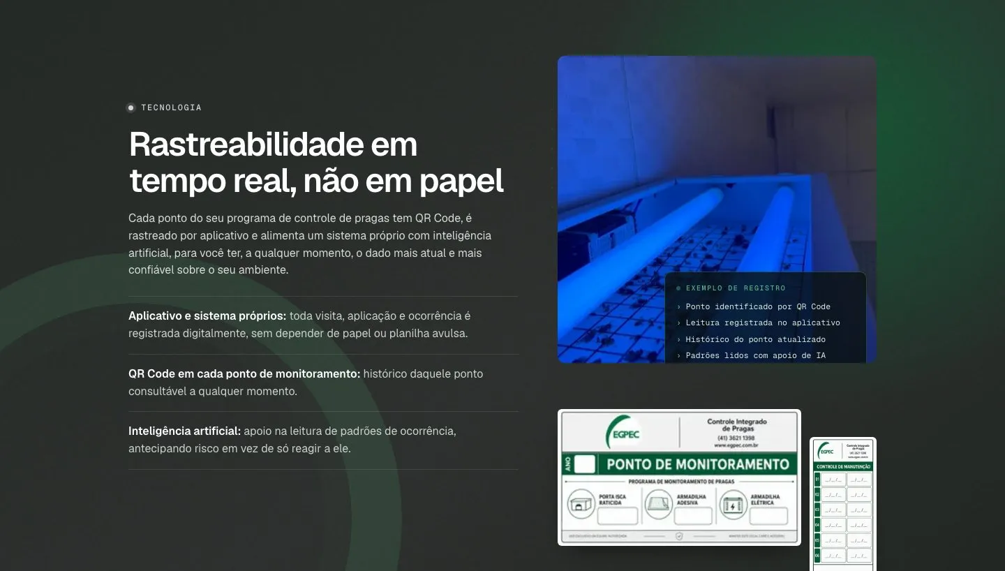 Seção de rastreabilidade em tempo real, com QR Code e registro de cada ponto